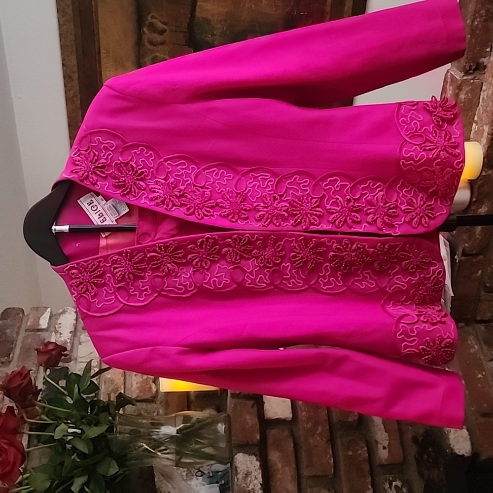 Vintage Felice Wool Bold Fuchsia Pink Embroidered Beaded Evening Jacket